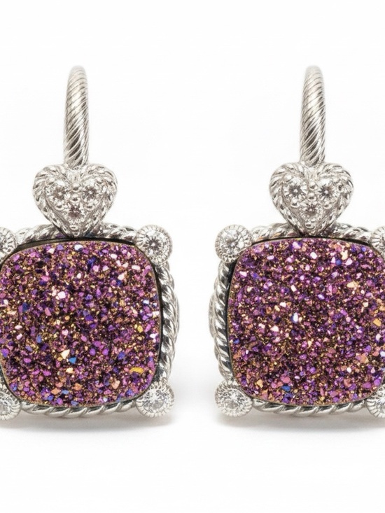 Judith Ripka Jewelry - Judith Ripka 925 Purple Druzy Diamonique CZ Square Drop Earrings